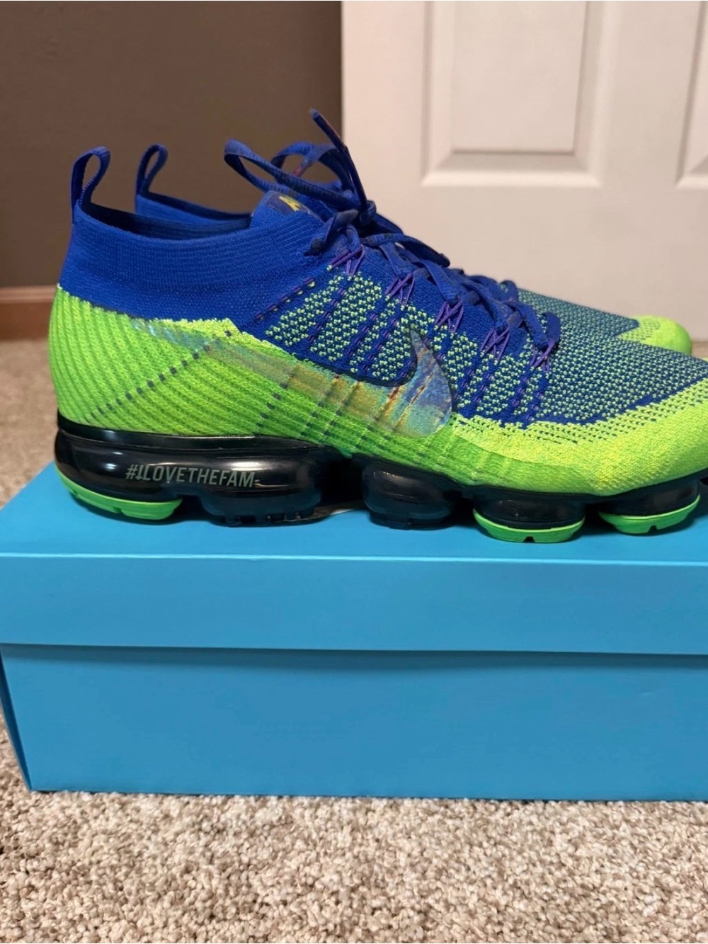 Nike VaporMax Flyknit Athletic Shoes in Neon Green & Blue